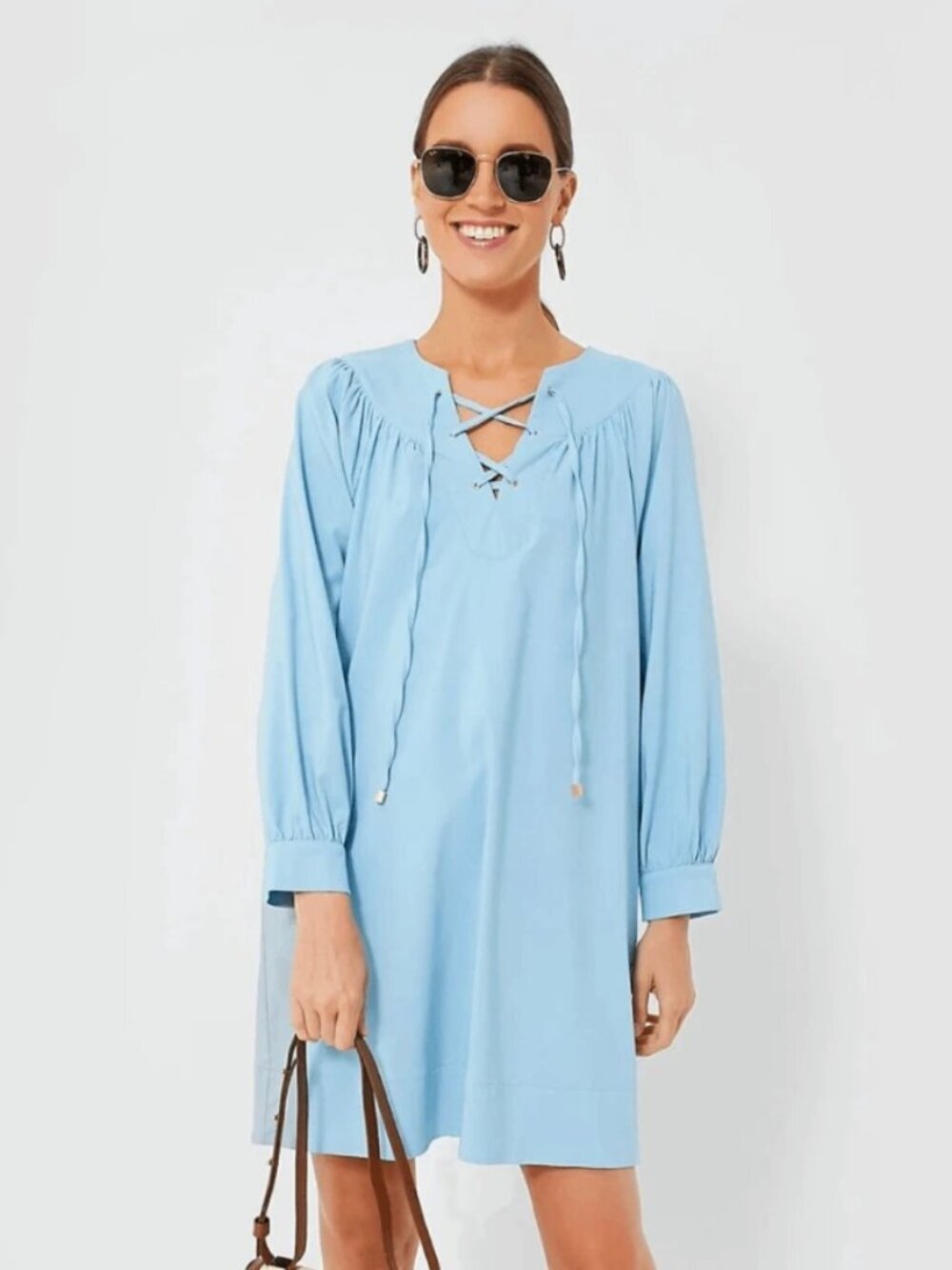 Tuckernuck Pomander Place Blue Tie Front Robbie Long Sleeve Shift Dress, Small